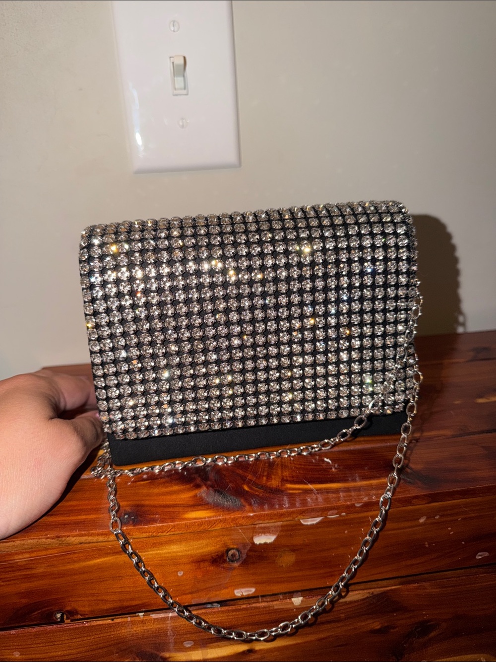 Hello 3am Rhinestone Chain Shoulder Bag - Black/Silver